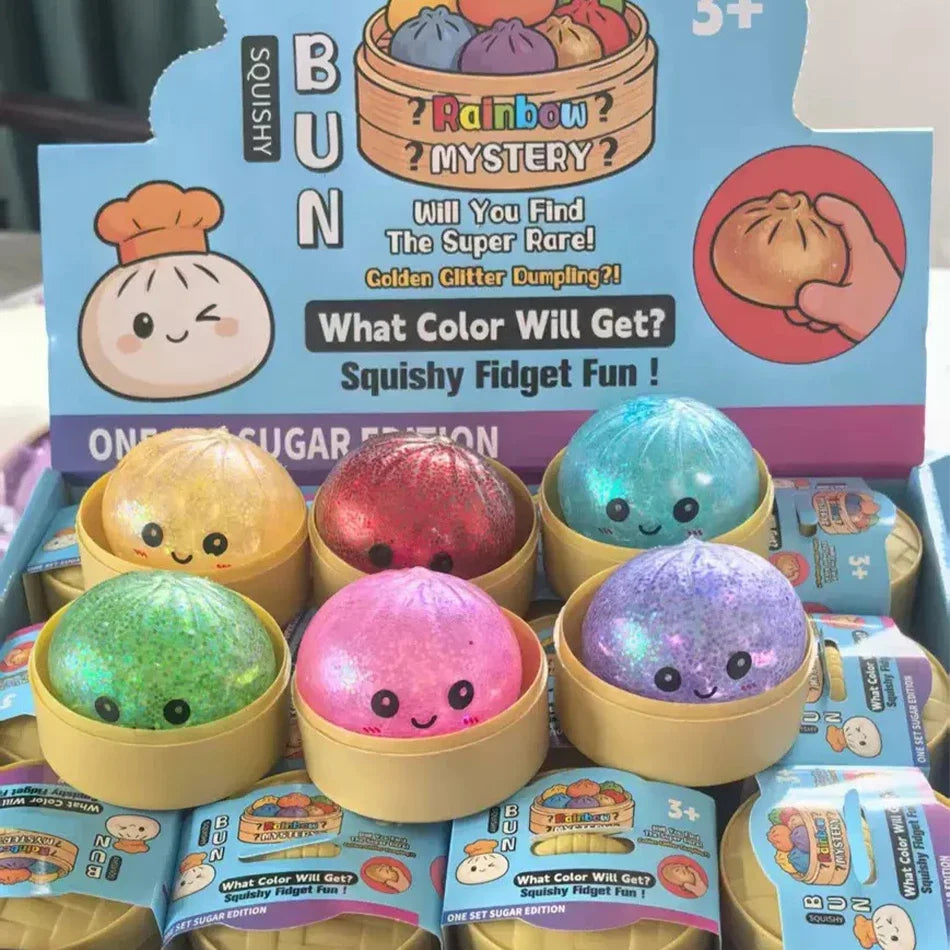 Glitter Dumpling Squishy with Box Dumplings Sensory Steamer Soft TPR Dough Ball for Decompression Fidget Toy Stress Relief Gift