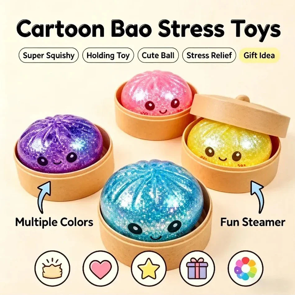 Glitter Dumpling Squishy with Box Dumplings Sensory Steamer Soft TPR Dough Ball for Decompression Fidget Toy Stress Relief Gift