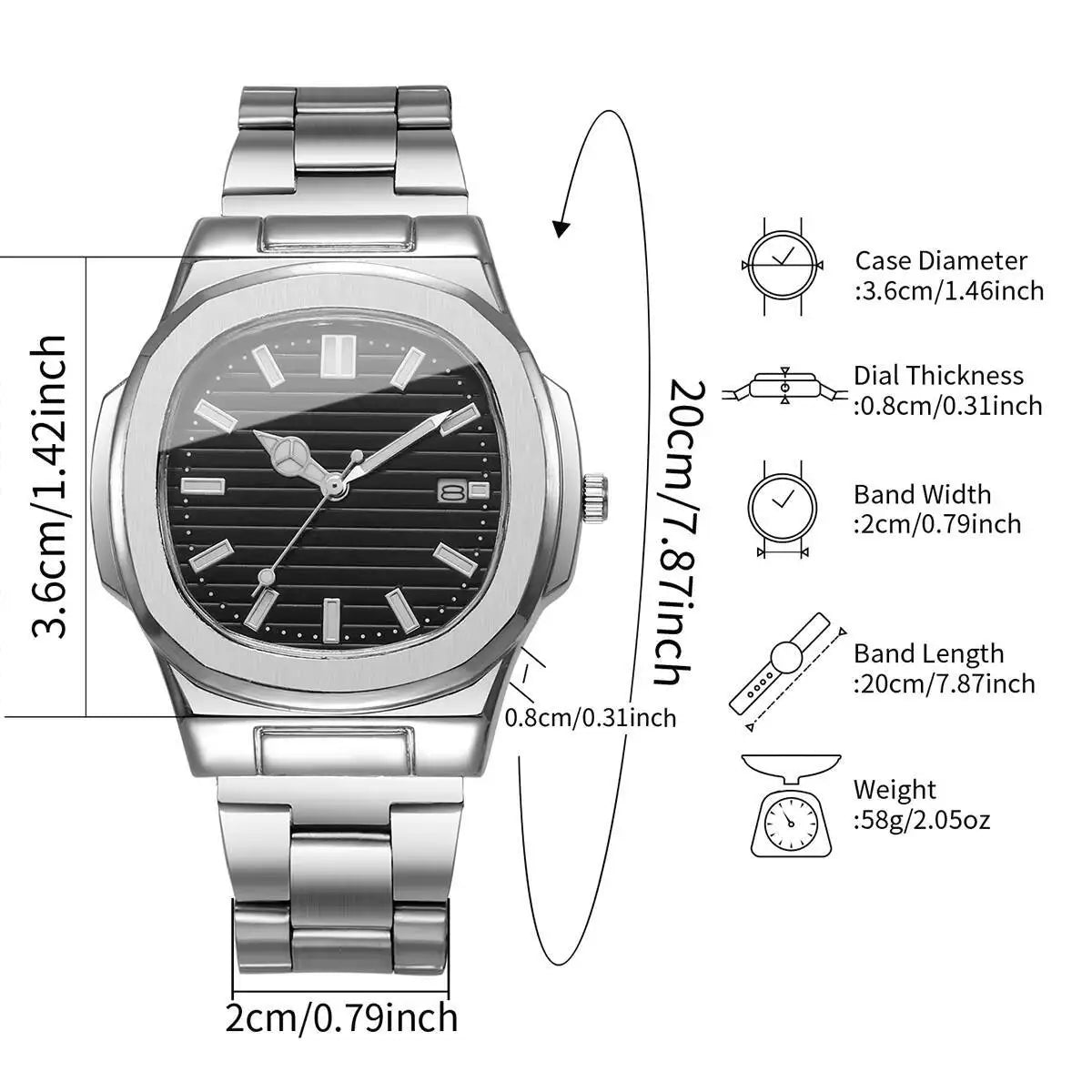 Fashion Square Men Business Watches Luxury Stainless Steel Strap Quartz Watch with Calendar For Mens Clock（Without Box）
