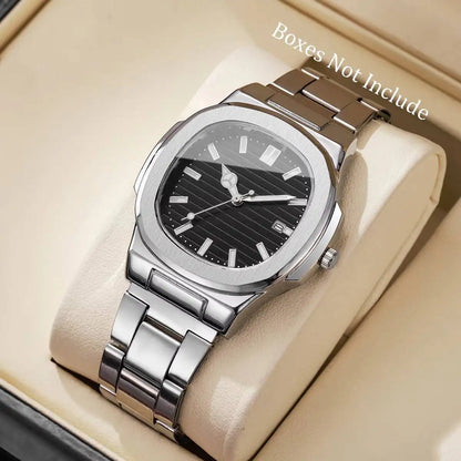 Fashion Square Men Business Watches Luxury Stainless Steel Strap Quartz Watch with Calendar For Mens Clock（Without Box）